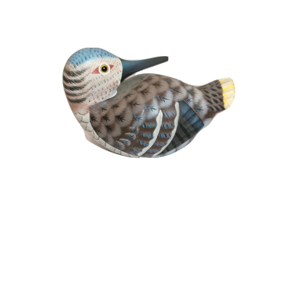Duck Decoy Figurine Hand Painted Wood Glass Eyes Blue Crown Small Bird 4x2x2in